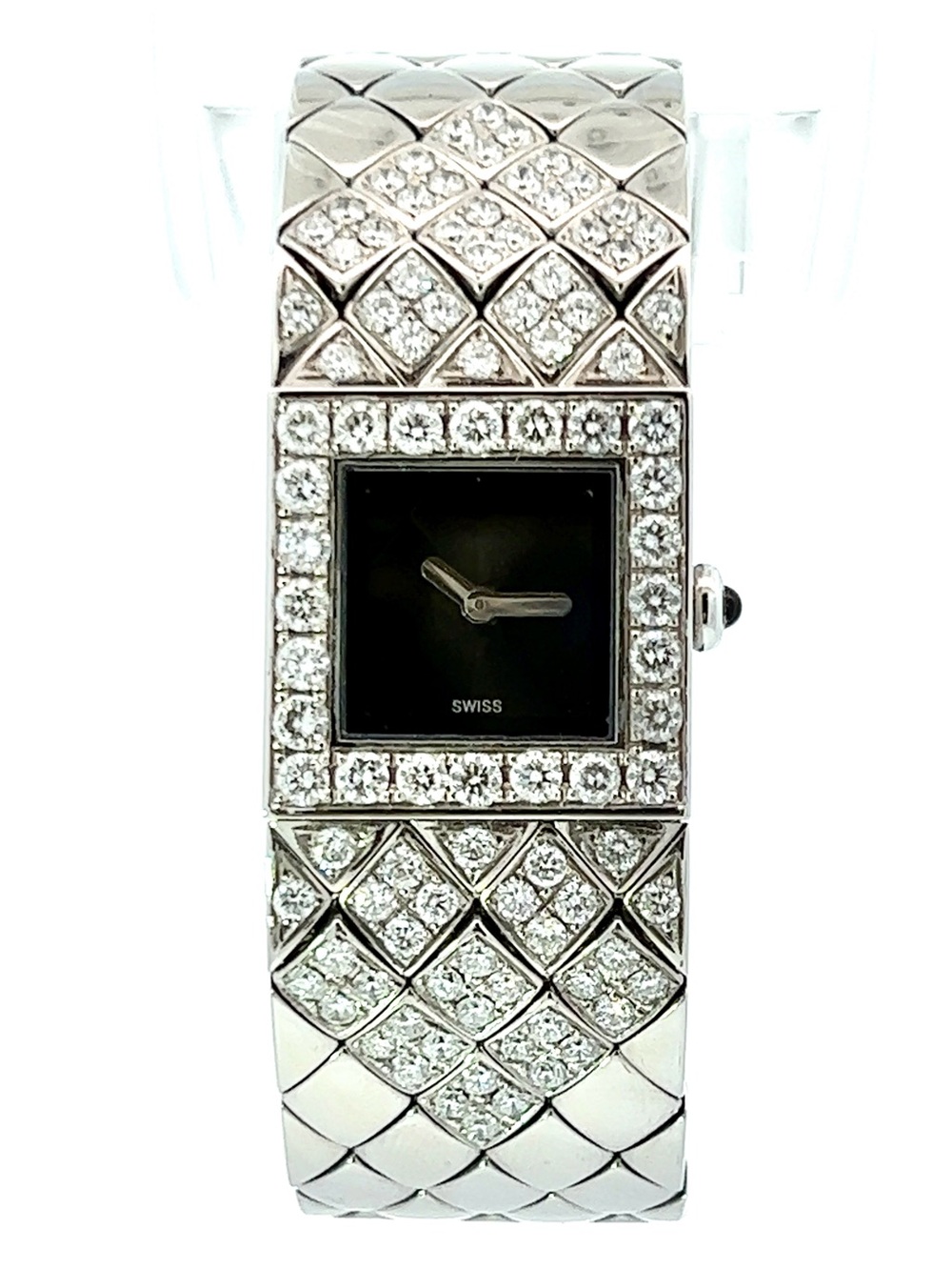 CHANEL MATELASSE Quartz 19mm Steel 3.03TCW Diamond Bracelet Watch Black Dial